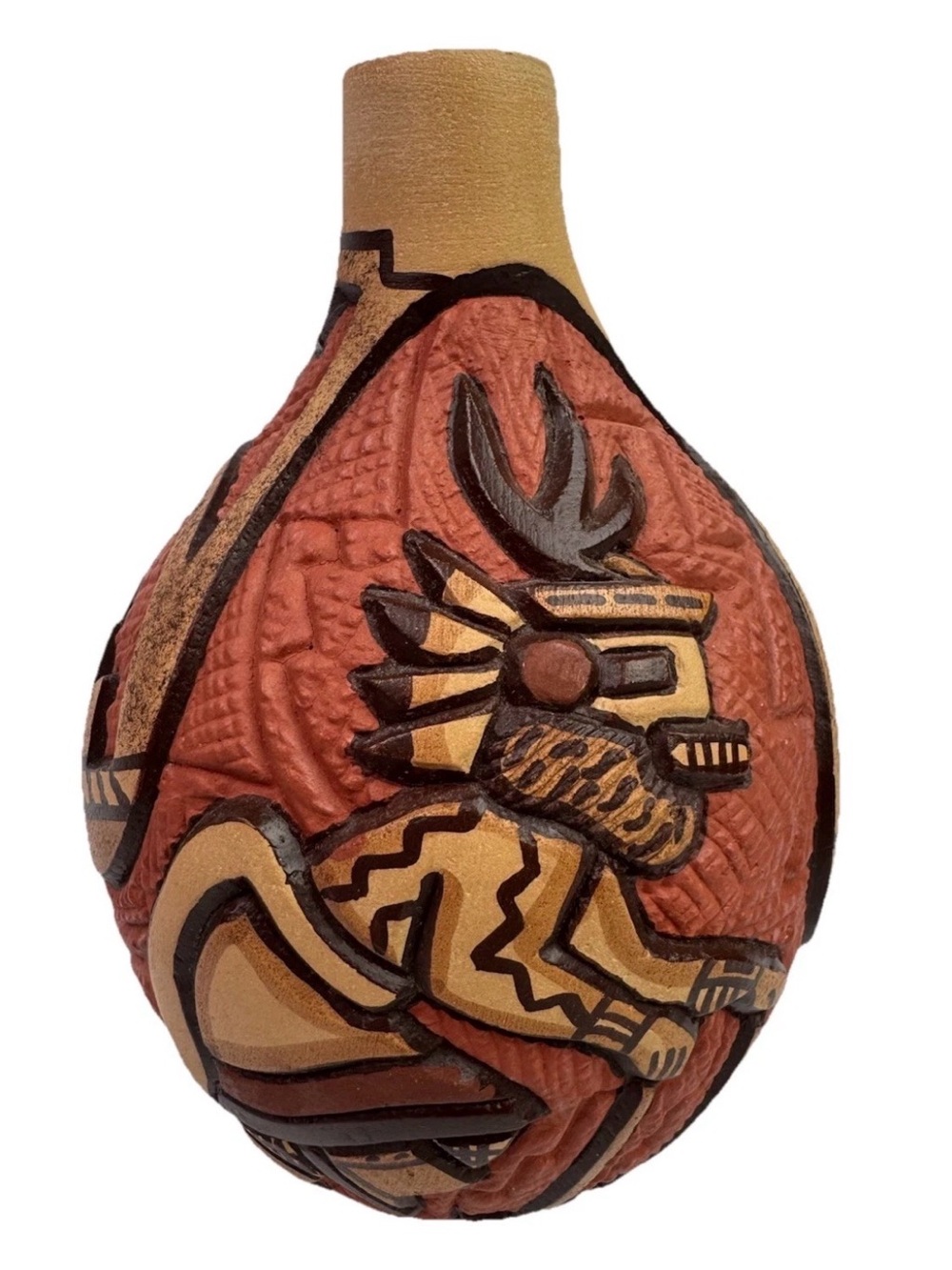 VTG Carved Southwestern Pottery Vase Carla N. 3D Kachina Folk Art 7”